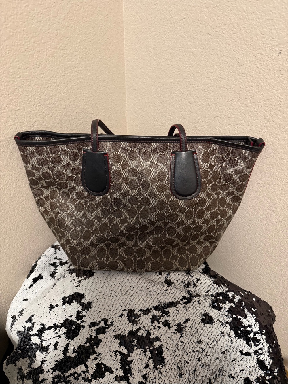 Coach Taxi Zip Top Tote in Signature Canvas 34595 Light Gold, Brown, Black, Red
